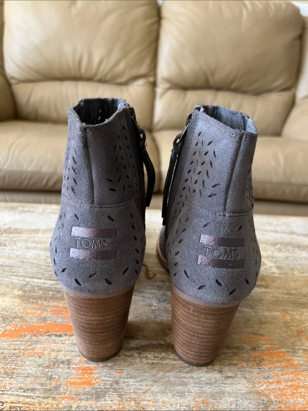 TOMS FORGED IRON SUEDE MAJORCA PEEP TOE BOOTIES GREY PERFORATED LEAF Size 9